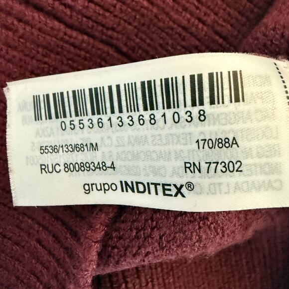 ZARA Cropped Knit Sweater Burgundy Ribbed Hem Crew Neck Long Sleeve Womens M Top - Picture 7 of 7